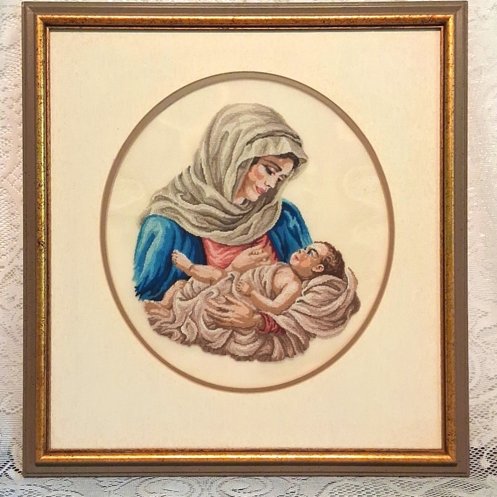 Petit Point Mary & Jesus Double Matted, Framed Under Glass 3457